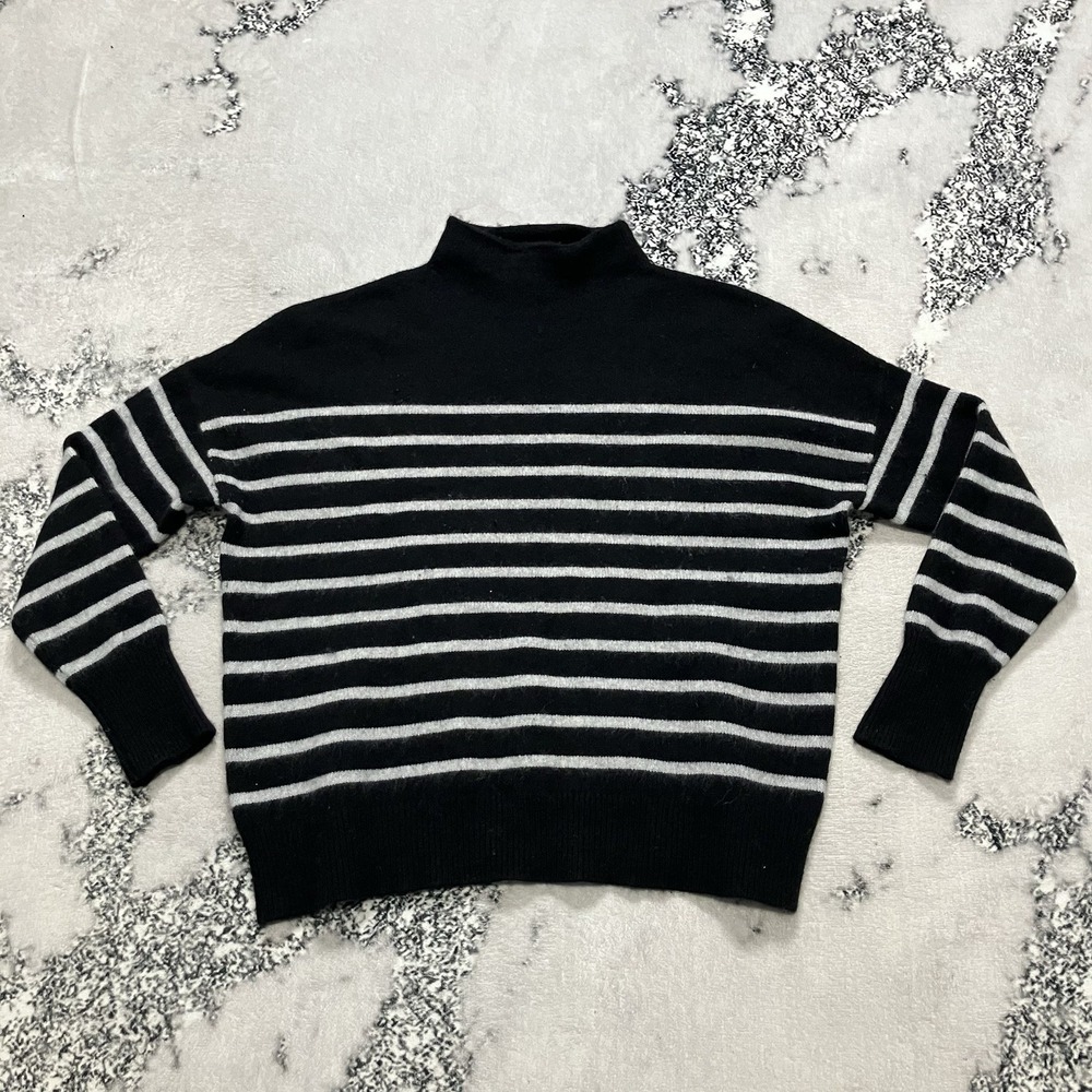 Magaschoni 100% Cashmere Striped Mock Neck Sweater Black Gray Women's Large